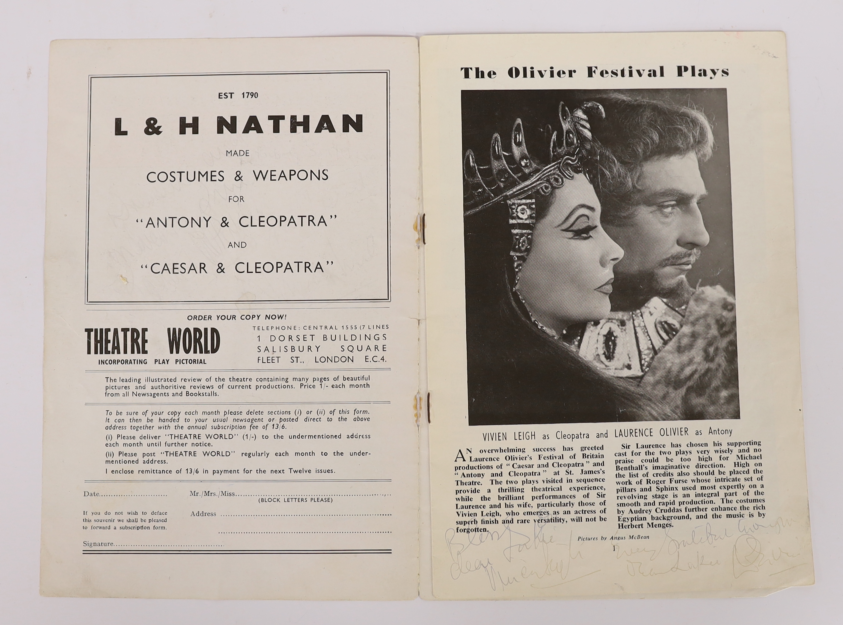 A 1951 Festival of Britain, St. James’s Theatre souvenir programme for The Olivier Festival Plays - ‘’Caesar and Cleopatra’’ and ‘’Antony and Cleopatra’’, the personal copy of Ethel Lucas, Wardrobe mistress to Laurence O